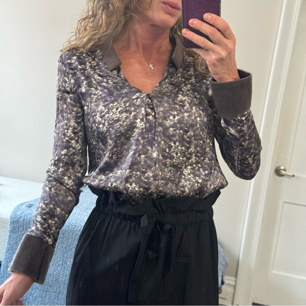 Tony Cohen Silk Top with Faux Fur & Leather Trim Size 4